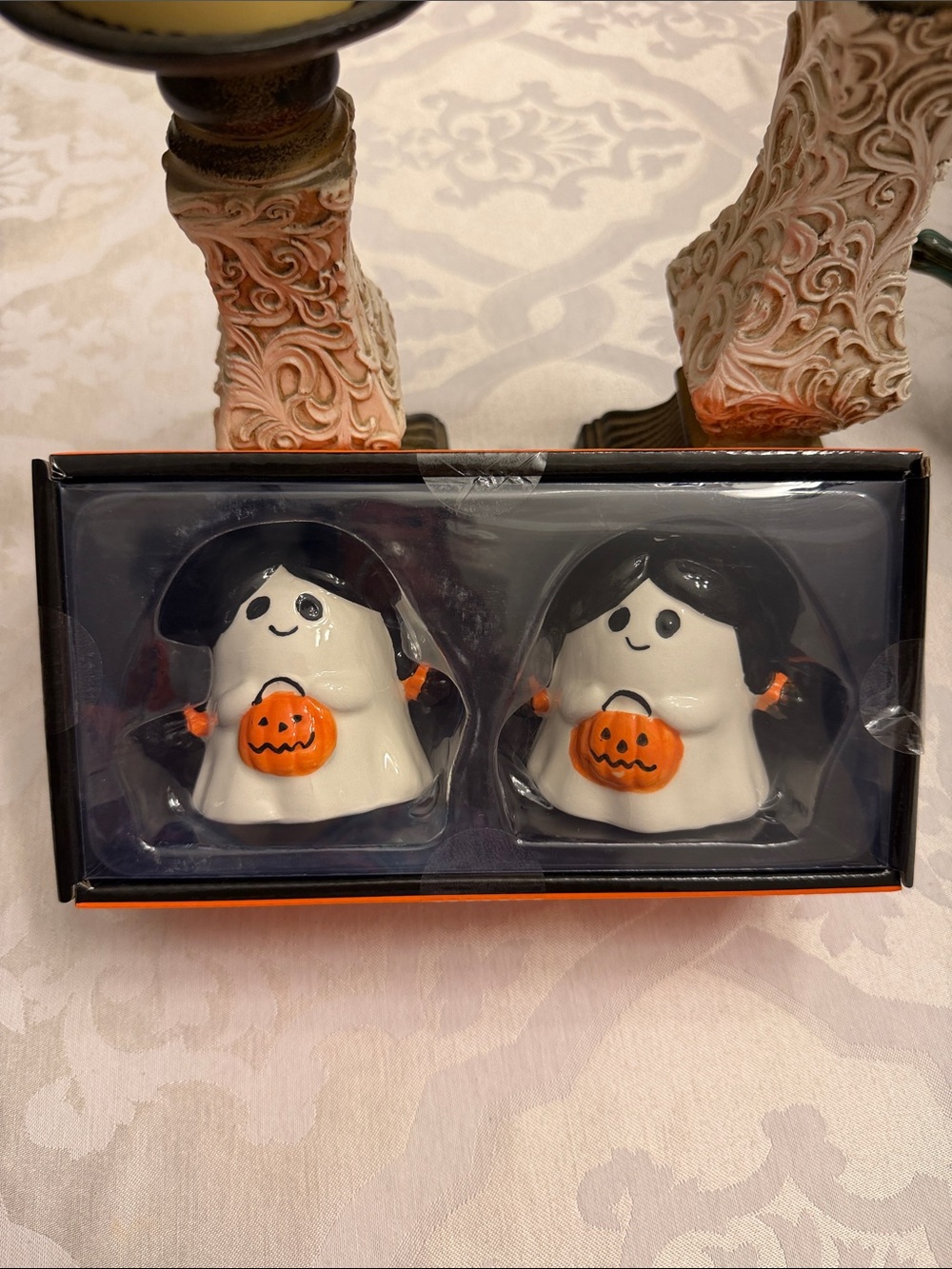 Jack O’ Lantern Ghost Salt and Pepper & Shaker Set, New in Box